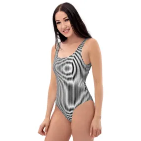 Black Striped Women's Swimwear, Best One-Piece Swimsuit For Women-Made in USA/EU