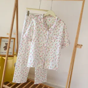 Floral Garden Short Sleeves and Pants Cotton Pajama Set / White