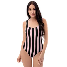 Pink Black Striped Swimwear, Striped Print Designer Classic Luxury 1-Piece Swimwear-Made in USA/EU