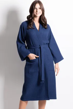 Premium Women's Long Waffle Cotton Turkish Bathrobe, Kimono Style, Luxury Robe Poly blend (Navy)