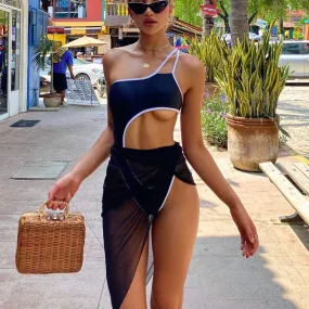 VenusFox One Piece Swimsuit Women 2020 One Shoulder with Cover Up Beach Skirt Sexy Swimwear Women Cut Out Swimming Suit for Women