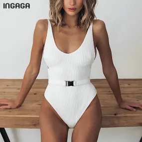 VenusFox Swimsuit One Piece High Cut Women's Swimsuit 2021 Ribbed Bodysuit Solid Backless Bathing Suits Sexy Belted Beachwear