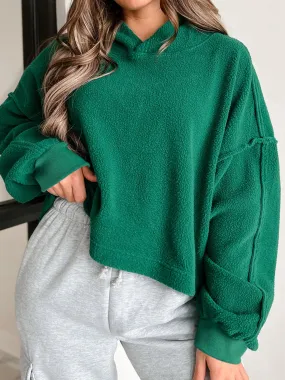 Womens Dark Green Sherpa Fleece Drop Shoulder Hoodie